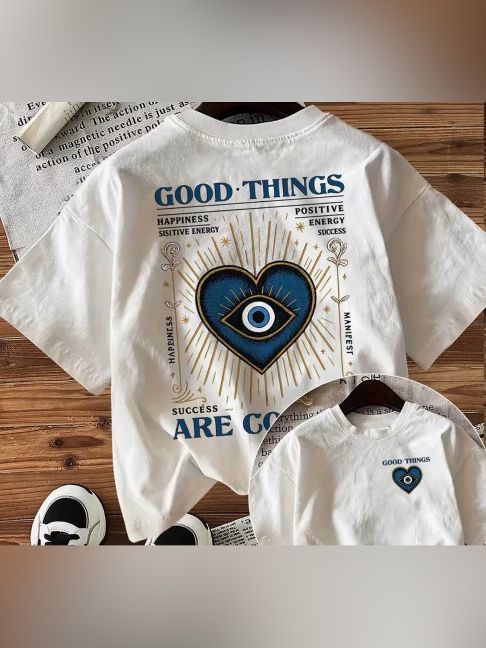 Good Things White Graphic Short Sleeve Tee with Blue Heart Eye